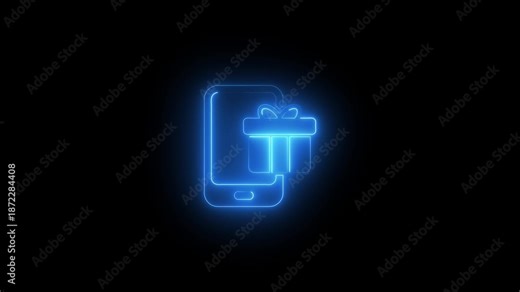 Neon Blue Mobile Phone with Gift Card and Credit Card on Black Background E-commerce Symbol