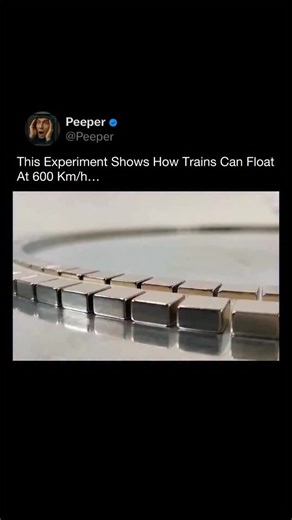 PEEPER on Instagram: "This experiment demonstrates the basic principle behind magnetic levitation trains, which can travel at speeds above 600 km/h. Instead of wheels, maglev systems use powerful magnetic fields to lift the train slightly above the track, eliminating physical contact. Once levitating, electromagnetic forces are also used for propulsion and guidance, dramatically reducing friction compared to conventional rail. The setup shown is a small-scale demonstration, not a full train. Rea