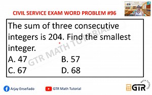 2.6K views · 41 reactions | CIVIL SERVICE EXAM WORD PROBLEM #96 The sum of three consecutive integers is 204. Find the smallest integer. A. 47 B. 57 C. 67 D. 68 CSE Word Problem Playlist: https://www.youtube.com/playlist?list=PLx2SvHVohKd6rgvlcMTUUpGCMBCCD13kI #arjayensenado #gtrmathtutorial #civilserviceexam | Arjay Enseñado | Facebook