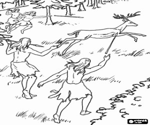 Prehistoric hunters with spears coloring page printable game