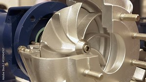 Rotor turbine circular electric pump for water or other liquid. Centrifugal pump for industrial water supply.