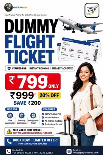Dummy Flight Ticket – Verified PNR | Instant Booking @ ₹799 Only (Embassy Accepted) #airticketing