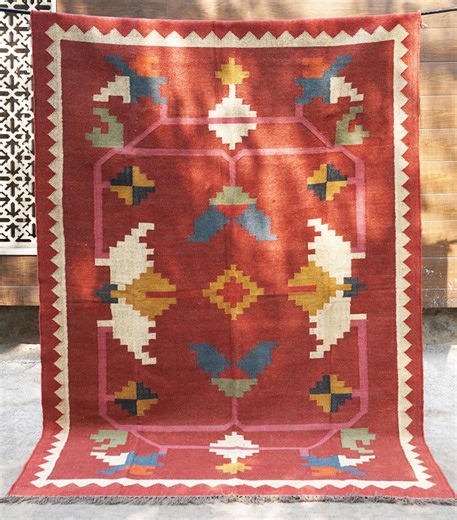 Red Kilim Navajo Rug: Vintage Southwestern Indian Dhurrie, Handmade Traditional Wool & Jute Area Rug 5x8 Ft, Handwoven Rug - Etsy