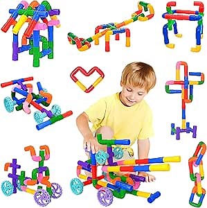 FUBAODA STEM Learning Pipe Tube Toys, Tube Locks Construction Building Blocks 96 Pcs - Multicolor Educational Building Blocks Set with Wheels& Spouts & Joints for Kids Ages 3+