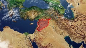 Map of Syria and borders, physical map Middle East, Arabian peninsula, map with reliefs and mountains and Mediterranean sea | Premium Stock Video Footage