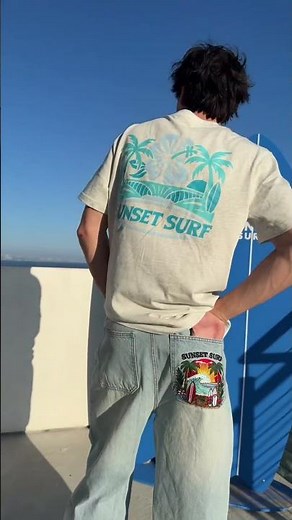 Wyatt Aube in the new sunset surf jeans & tee dropping 04-18 at 5PM CST 🤙🌊🌴🌞 #sunsetsurf