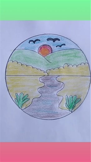 Mountain scene drawing inside a circle.#shots #art #drawing