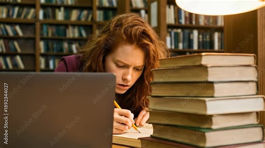 Focused young redhead woman taking notes while studying in a library surrounded by stacks of books and a laptop
