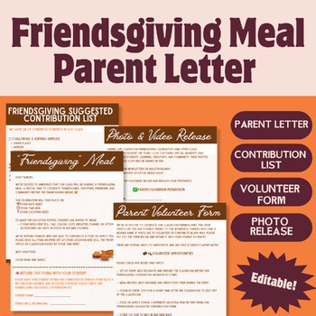 Friendsgiving Parent Letter Template and Classroom Forms Grades 1-8 Thanksgiving