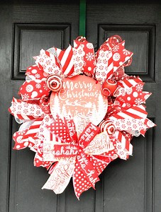 Couronne de Noël rouge blanc, décoration de porte des fêtes avec ruban d'impression joyeux Noël, 20 x 20 x 5 po. - Etsy France
