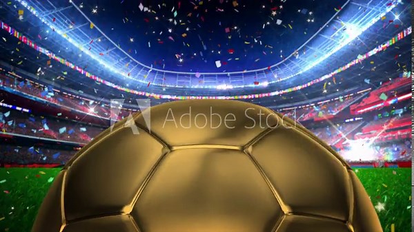 Football Stadium. Confetti is being thrown from above. The stadium is full of spectators who are waiting with excitement. The ball moves forward like a star player on the football field. Seamless Loop