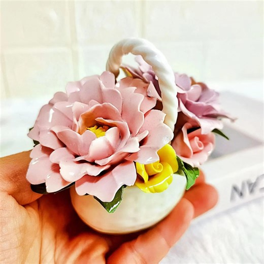 Handcrafted Ceramic Peony With Basket: Elegant Porcelain Floral Arrangement, Romantic Home Decor Gift for Her, Wedding, or Anniversary - Etsy