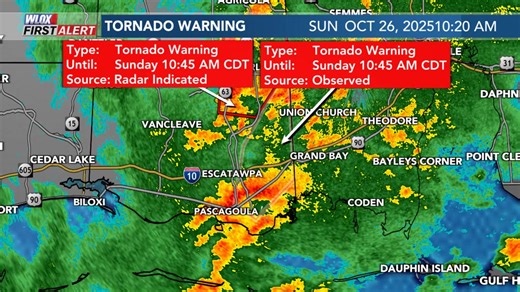 A Tornado Warning has been issued for areas in red. A tornado warning means a tornado has either been indicated by radar or sighted. Seek shelter now. Live coverage: wlox.com/livestream For warning info: wlox.com/weather/alerts. Interactive radar: wlox.com/weather/radar | WLOX First Alert Weather