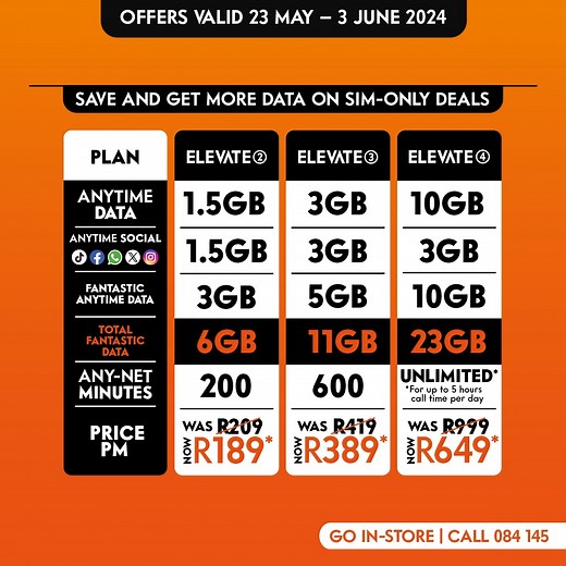 Enjoy DOUBLE your data and DOUBLE the time online with these amazing SIM-Only Double Data contract #FantasticDeals. That’s a saving of up to R8400! Sign up in-store today for Cell C Elevate 2, 3 or 4 contracts. Valid until 3 June! T&Cs apply. #ChangeYourWorld | Cell C