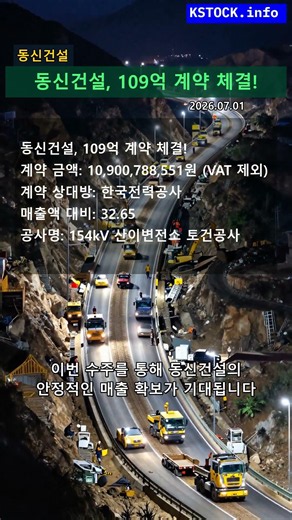 동신건설, 한국전력공사와 109억원 규모 계약 체결! 매출 32% 돌파!