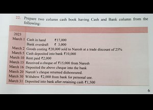 Prepare two column cash book having Cash and Bank column from t... | Filo