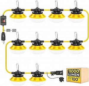 3 Prong LED String Lights with Switch: 100FT Linkable ETL Certified Bright Work Lights, Hanging Temporary Outdoor/Indoor Lighting for Construction Attic Jobsite Garage Shop