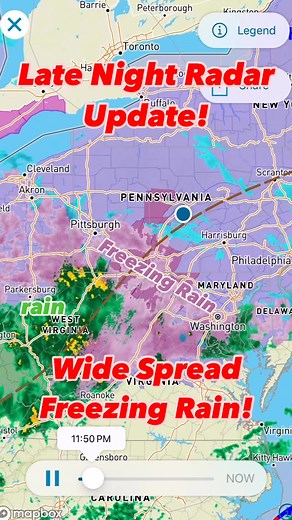 21K views · 59 reactions |  Late Night Radar Update! Widespread freezing rain is making its way through Pennsylvania and surrounding areas. Conditions are slick and hazardous, so take extra caution if you’re traveling tonight! Pro Tip: Avoid unnecessary travel and stay tuned for updates as the storm progresses.❄️ Stay safe, everyone! ❄️#WeatherUpdate #FreezingRain #WinterStorm #PAWeather #SafetyFirst #WinterStormNow #Snow #Ice | rainy.day.weather | Facebook