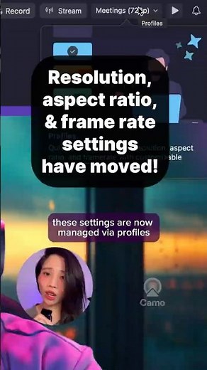 Change your Resolution, Aspect Ratio and Frame Rate settings from the top menu bar in Camo Studio!
