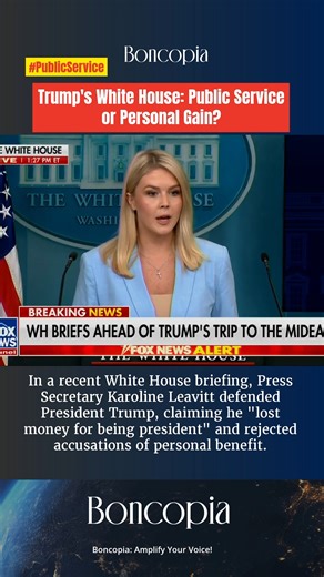 Trump's White House: Public Service or Personal Gain? In a recent White House briefing, Press Secretary Karoline Leavitt defended President Trump, claiming he "lost money for being president" and rejected accusations of personal benefit. However, public opinion remains skeptical. Many believe Trump leverages his office for family profits, with reports of over $800 million from crypto ventures and foreign deals since his 2025 reelection. Critics argue his policies, like tariffs and crypto endorse