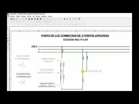 3. Conmutada con cruzamiento. Punto de luz conmutado desde 3 puntos. Esquema multifilar.