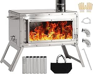 LEISU Tent Stove Portable Outdoor Wood Burning Stove with Chimney Pipe for Winter Camping, Hunting, Cooking, Hiking, Fishing, Backpacking (Stainless Steel)
