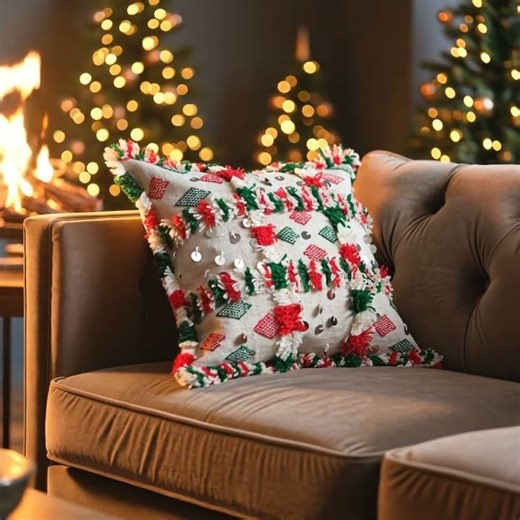 Festive Red & Emerald Moroccan Berber Wool Pillow – Khenifra Bridal Handira | 12×12 in