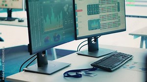 Empty boardroom meeting space with computer at workstations used to solve daily organizational tasks and achieve business objectives. Multinational company office with big LED screen. Camera A.