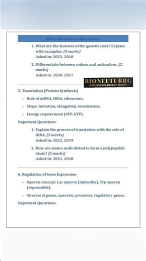 Molecular Basis Of Inheritance Most Repeated Questions Class 12 Biology