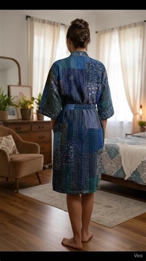 Handmade Silk Sari Kantha Robe: Blue Patchwork Kimono Jacket - Etsy