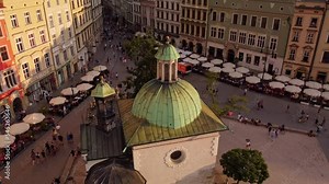 Cracow (Kraków) Main Square (Rynek Główny) and Wawel castle (Zamek Królewski na Wawelu) aerial view from drone.