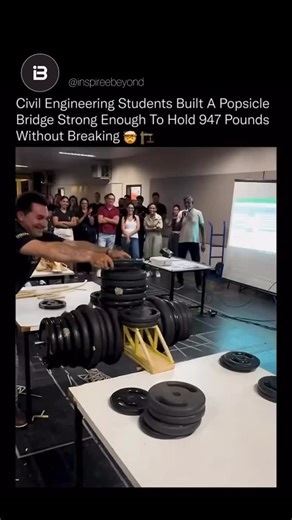 Inspire Beyond Motivation on Instagram: "A structure made from popsicle sticks just carried nearly half a ton of weight without collapsing. 🔥⚙️ This bridge was carefully engineered, not improvised. Civil engineering students applied the same principles used in real-world bridges, load distribution, triangulation, compression vs. tension, and material efficiency, scaled down to wood sticks and adhesive. By arranging the sticks into truss patterns, each piece shares the load instead of bearing it