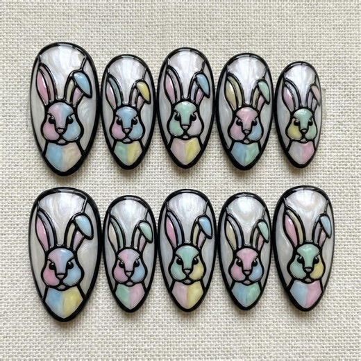 Pastel Rabbit Stained Glass Nails | Easter Press Ons | Handmade Reusable Almond Coffin Set - Etsy