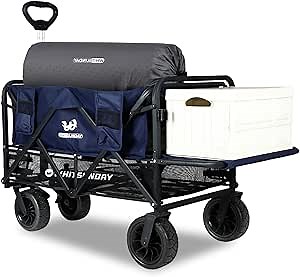 Collapsible Double Decker Wagon with Tailgate, Heavy Duty Foldable Wagon with All-Terrain Big Wheels, Beach Cart for Camping, Sports, Shopping, Garden Dark Blue