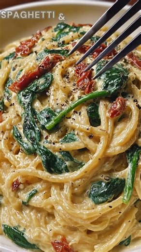 Spaghetti tossed in creamy sun-dried tomato sauce. Sauté garlic and pepper flakes, add spinach and Parmesan. Simmer with cream for 5 minutes. Rich, silky, and bursting with Mediterranean flavor. Ingredients ➤ 12 oz spaghetti ➤ 1 tbsp olive oil ➤ 3 cloves garlic, minced ➤ ½ tsp red pepper flakes (optional) ➤ 1 cup sun-dried tomatoes (in oil, drained and sliced) ➤ 4 cups fresh spinach, roughly chopped ➤ 1 cup heavy cream ➤ ½ cup grated Parmesan cheese FULLL Recipe in First Cօʍʍеոτ 👇👇 | Nessy Rec