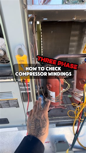 Alberto Rojas on Instagram: "How to check compressor windings for THREE PHASE ⚡️ Always ensure you are being safe and certified when working on any HVAC equipment.  Is there anything you want me to cover? Let me know in the comments  #compressor #hvac #hvactraining #apprentice #howto #diagnose"