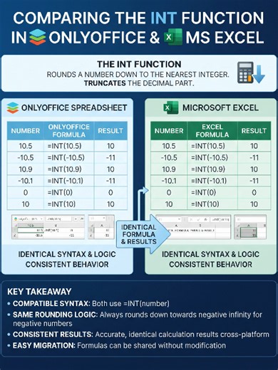 The INT() Formula (Free Office vs MS Office) Need to pull whole numbers out of decimals or strip timestamps from dates in your spreadsheets? The INT function in Microsoft Excel and Apache ONLYOFFICE Calc is one of the most useful basic formulas to master. INT stands for integer, and its entire job is to round a number down to the nearest whole integer. For positive numbers, it simply drops the decimal part. If you have an inventory sheet that calculates 22.9 finished items, writing =INT(22.9) re