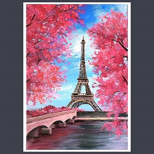 11K views · 267 reactions | Paris Spring Scenery Acrylic Painting Color used : Cobalt blue, Sky blue, White, Medium green, Vandyke brown, Carmine, Pink, Orange, Gold, Naples yellow IG : @eldrawingarts #art #artist #artwork #acrylic #painting #eldrawingarts #acrylicpainting #scenerypainting | El Drawing Arts | Facebook
