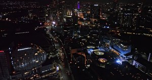 Mexico City Aerial v63 birds eye view drone flyover santa fe along federal highway capturing illuminated busy traffic trails and futuristic cityscape at night - Shot with Mavic 3 Cine - January 2022
