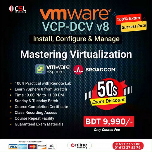 🔥 Virtualization & Cloud Infrastructure -এ ক্যারিয়ার গড়তে চান? বর্তমান IT ইন্ডাস্ট্রিতে Data Center Virtualization, Server Virtualization, Cloud Infrastructure, DevOps, Storage, Software Define Network (SDN), NFV সব ক্ষেত্রেই দীর্ঘদিন মার্কেট লিডার হিসেবে কাজ করে আসছে VMware Inc. (Broadcom), যারা হলো বিশ্বের No.1 Enterprise Virtualization Platform, এবং আপনি জানেন কি? Fortune 500 প্রতিষ্ঠানগুলোর মধ্যে প্রায় 90% প্রতিষ্ঠান VMware vSphere ব্যবহার করে তাদের Production Environment ম্যানেজ করে। তাই আ