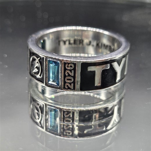 Custom Personalized Class Ring 2026, Engraved Name Ring With Blue Stone, Personalized Graduation Jewelry for Him, Custom Signature Band Ring - Etsy