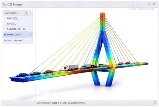 Simulación de carga HL-93 sobre puente atirantado 🌉 Observa cómo el momento flector y el esfuerzo axial cambian dinámicamente. #Puentes #CargaHL93 #CSIBridge #AnálisisFEM #IngenieríaCivil