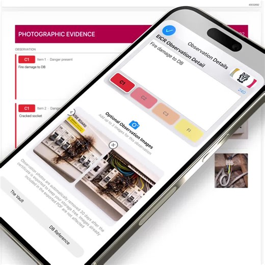 We've rebuilt EICR observations from the ground up: 📷 Photographic evidence — attach up to 3 images per observation. A new photo evidence section is automatically appended to your reports, complete with severity colour coding. 📉 Smaller file sizes — we've optimised certificate PDFs so they're lighter to email and store. 🗂️ Smart storage management — images are kept for 30 days after export, giving you time to edit and resend. After that, they're automatically cleaned up to free space on your 