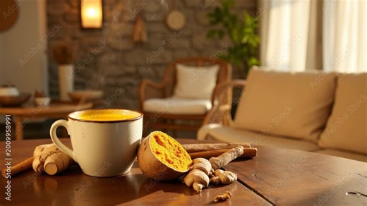 A wooden table topped with a mug of hot coffee, ginger root slices and spices, evoking comfort and warmth in an indoor setting.