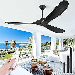 Haipeel 60 Inch Outdoor Ceiling Fans Without Lights, Wood Ceiling Fan no Light with Remote Control, Modern Black Outdoor Ceiling Fans no Lights 3 Blade Propeller for Patios Farmhouse ETL, Matte Black