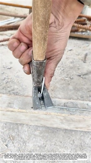Worker Twisting a Wire Around a Nail with a Tool