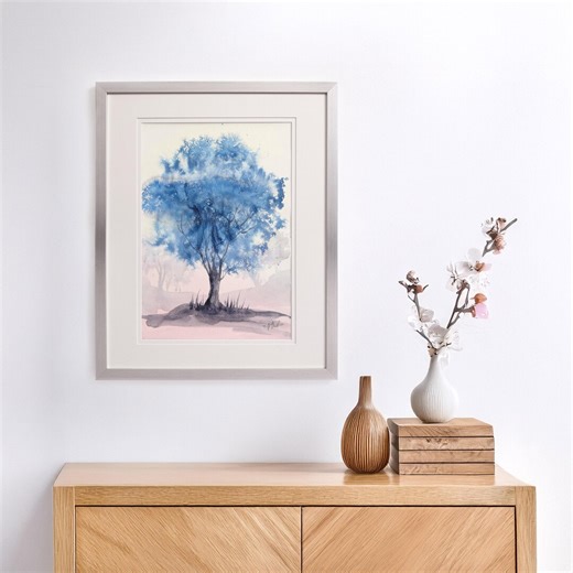 Blue Tree Watercolour Painting Framed 16x20 – Serene Nature Wall Art, Minimalist Botanical Artwork - Etsy