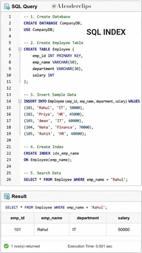 SQL INDEX Explained with Query & Output ⚡ ‪@A1coderclips‬