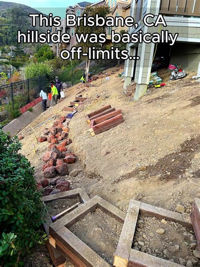 Arborist Now, Inc on Instagram: "Not every backyard is flat - and that’s okay. For this Brisbane, CA project, we turned a steep hillside into usable space with custom, hand-built stairs made from reclaimed wood. Every step was laid out to match the slope, reinforced with stone, and built for long-term stability. From sketchy access to a backyard you can actually use - one carefully measured step at a time."