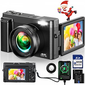 ACTITOP Digital Camera 4K 48MP Autofocus Vlogging Camera for Youtube with 180° Flip Screen, 32GB SD Card, 16X Zoom, Beginner Video Camera for Travel,TikTok